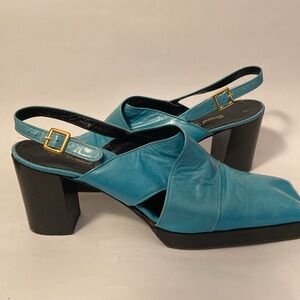 Bonwit Teller Boston Turquoise Blue Leather Slingback Sandals Block Heels 9N